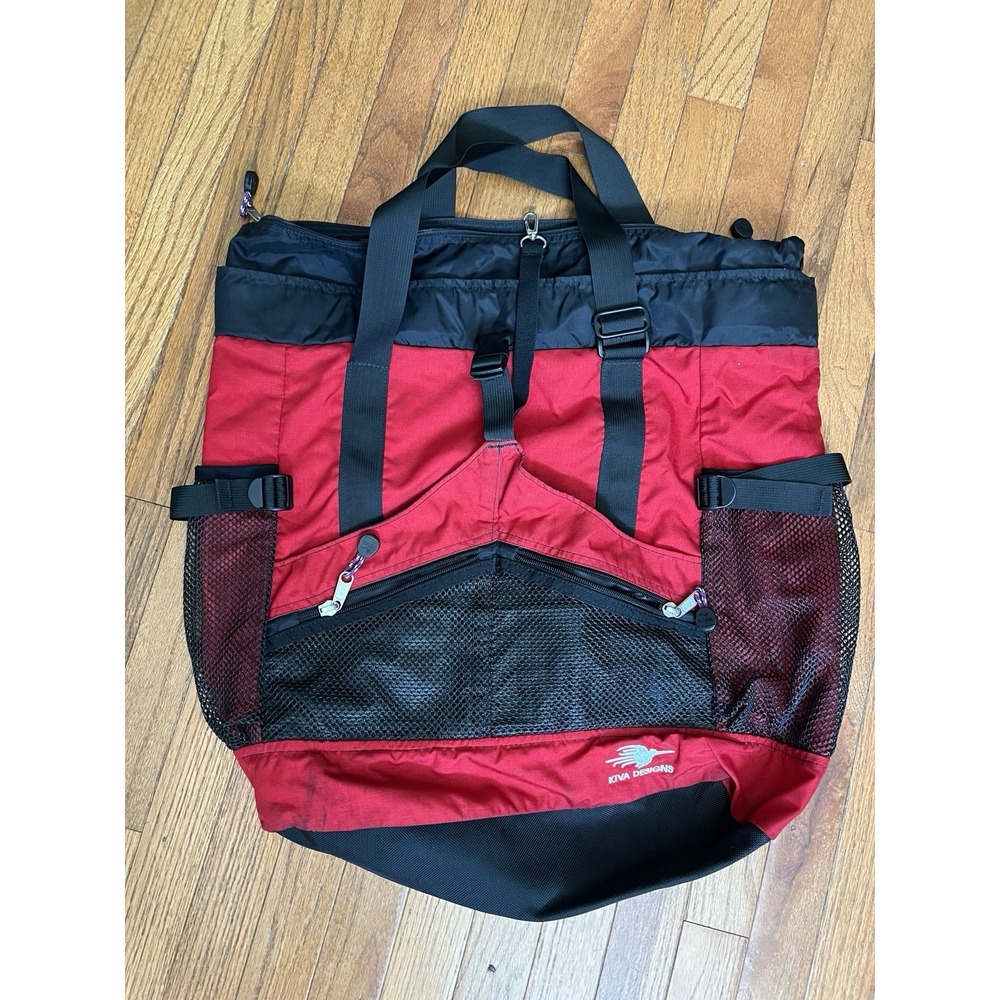 Kiva 2 Way Roll Top Backpack Red Black Nylon Travel Daypack Mesh Pockets Gear